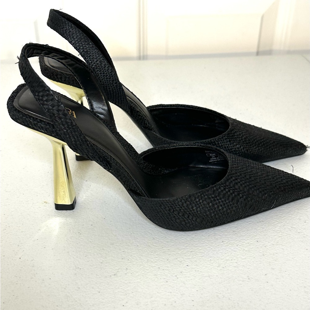 Zara Black and Gold Textured Heels